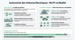 Infographie comparant l’autonomie WLTP et l’autonomie réelle d’une voiture électrique selon les conditions de conduite