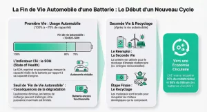 Infographie montrant qu’une batterie de voiture électrique est considérée usagée lorsque sa capacité descend sous 70 à 80 %