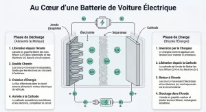 Schéma explicatif du fonctionnement d’une batterie lithium-ion de voiture électrique avec déplacement des ions entre anode et cathode