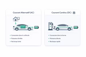 Différence entre borne de recharge publique AC en ville et borne rapide DC sur autoroute