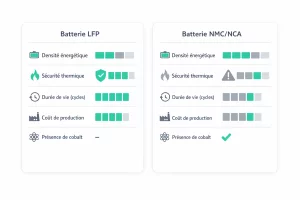 Comparatif visuel entre batteries LFP et NMC/NCA montrant densité énergétique, sécurité, durée de vie et coût