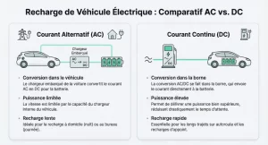 Infographie comparant la recharge en courant alternatif AC et en courant continu DC pour voiture électrique