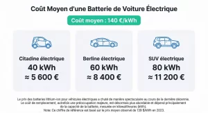 Infographie montrant le coût moyen d’une batterie de voiture électrique selon sa capacité en kWh