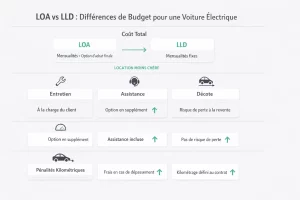 Infographie comparant coûts, services inclus, décote et risques entre LOA et LLD pour une voiture électrique