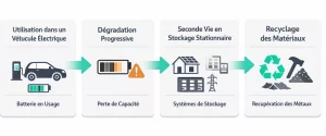 Cycle de vie d’une batterie de voiture électrique incluant usage automobile, seconde vie et recyclage des matériaux
