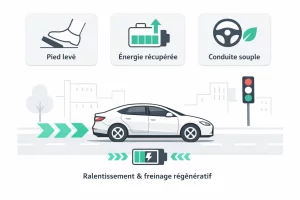 Illustration expliquant le principe de l’éco-conduite et du freinage régénératif en voiture électrique