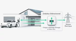 Schéma d’une installation de charge bidirectionnelle avec voiture électrique, borne V2H/V2G et maison connectée au réseau.