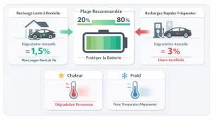 Infographie expliquant l’impact de la recharge rapide, de la charge lente et de la température sur l’usure d’une batterie de voiture électrique.