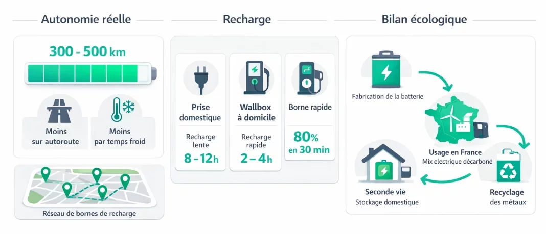 Infographie sur l’autonomie réelle, les solutions de recharge et le bilan écologique d’une voiture électrique