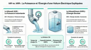 Infographie expliquant la différence entre kW et kWh pour une voiture électrique avec la métaphore du débit et du réservoir