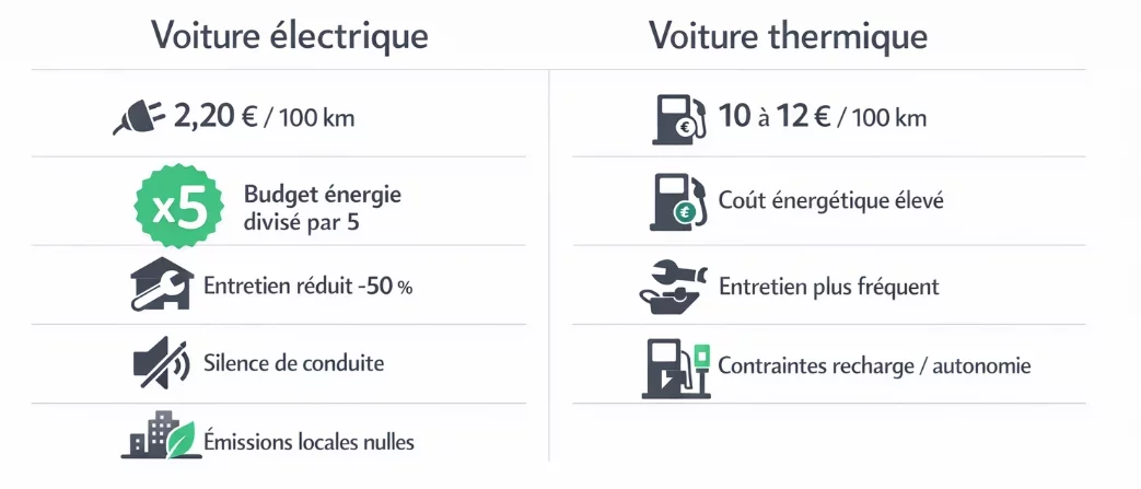 Infographie comparant les avantages et inconvénients de la voiture électrique face au thermique avec coût aux 100 km, entretien, autonomie et recharge