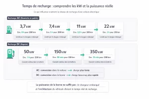 Infographie expliquant le temps de recharge d’une voiture électrique selon la puissance, le courant AC ou DC et le type de borne