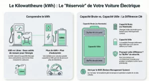 Infographie expliquant le kilowattheure, la capacité brute et la capacité utile d’une batterie de voiture électrique