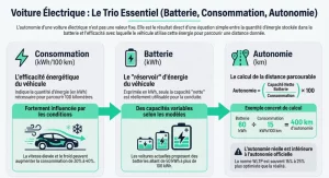 Infographie expliquant le lien entre consommation en kWh/100 km, taille de la batterie et autonomie d’une voiture électrique