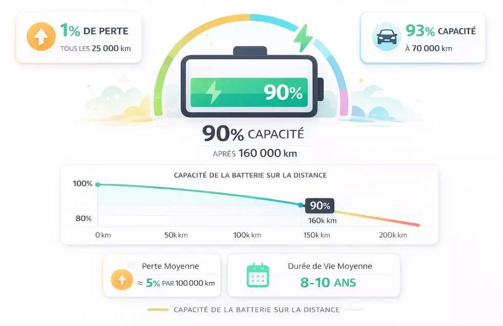 Infographie montrant la dégradation moyenne d’une batterie de voiture électrique avec plus de 90 % de capacité après 160 000 km.