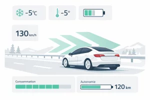 Illustration montrant l’impact de la vitesse élevée et du froid hivernal sur l’autonomie d’une voiture électrique