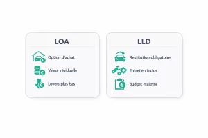 Comparaison visuelle entre LOA et LLD pour une voiture électrique, montrant option d’achat, services inclus et restitution