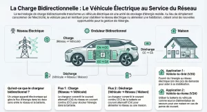 Infographie expliquant le fonctionnement de la charge bidirectionnelle et le flux d’électricité entre réseau, voiture électrique et maison.