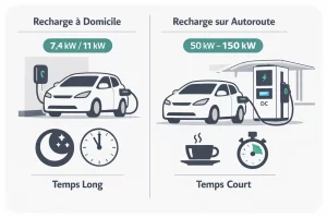 Comparaison visuelle entre recharge d’une voiture électrique à domicile et sur borne rapide publique