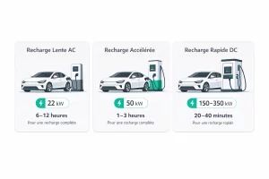 Comparaison visuelle entre recharge lente, accélérée et rapide pour voiture électrique selon la puissance
