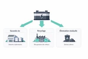 Schéma illustrant les trois destins possibles d’une batterie électrique : seconde vie, recyclage ou élimination
