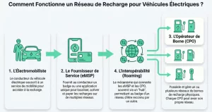 Infographie expliquant le fonctionnement d’un réseau de recharge électrique et le principe du roaming entre opérateurs