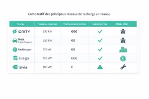 Tableau comparatif des principaux réseaux de recharge électrique en France selon puissance, prix et fiabilité