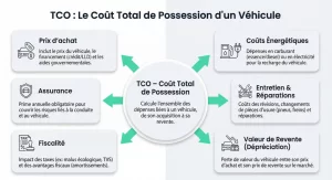 Infographie expliquant le TCO automobile et ses six composantes clés du coût total de possession.