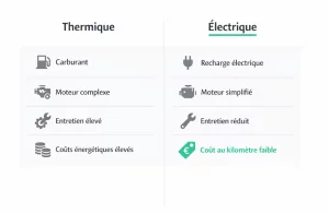 Comparaison visuelle des coûts entre voiture électrique et thermique selon l’énergie, l’entretien et l’usage.