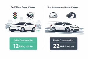 Comparaison de la consommation d’une voiture électrique en ville et sur autoroute en kWh/100 km