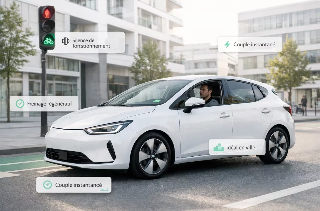 Voiture électrique en circulation en ville illustrant le silence de conduite, la souplesse et l’efficacité sur les trajets urbains