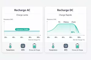 Comparaison visuelle entre recharge AC lente et recharge DC rapide montrant les différences de courbe et d’influence du SOC et de la température.