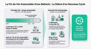 Infographie montrant qu’une batterie de voiture électrique est considérée usagée lorsque sa capacité descend sous 70 à 80 %