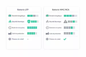 Comparatif visuel entre batteries LFP et NMC/NCA montrant densité énergétique, sécurité, durée de vie et coût