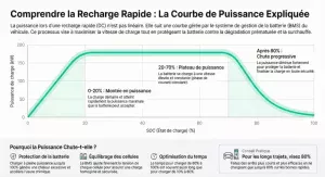 Infographie montrant la courbe de recharge d’une voiture électrique avec montée en puissance, plateau optimal et chute après 80 % de batterie.