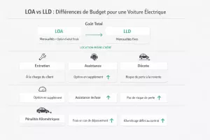 Infographie comparant coûts, services inclus, décote et risques entre LOA et LLD pour une voiture électrique