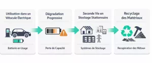 Cycle de vie d’une batterie de voiture électrique incluant usage automobile, seconde vie et recyclage des matériaux