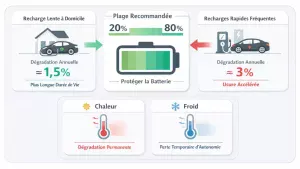 Infographie expliquant l’impact de la recharge rapide, de la charge lente et de la température sur l’usure d’une batterie de voiture électrique.