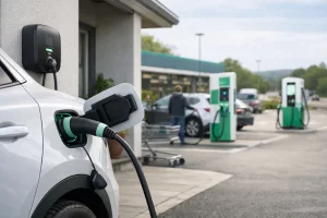 Voiture électrique en recharge dans un usage réel : domicile, parking public et aire d’autoroute