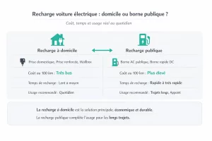 Infographie comparant la recharge voiture électrique à domicile et sur borne publique : coûts, temps de charge et usages