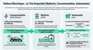 Infographie expliquant le lien entre consommation en kWh/100 km, taille de la batterie et autonomie d’une voiture électrique