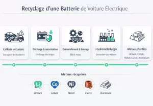 Infographie détaillant les étapes du recyclage d’une batterie de voiture électrique jusqu’à la récupération des métaux