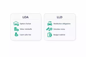 Comparaison visuelle entre LOA et LLD pour une voiture électrique, montrant option d’achat, services inclus et restitution