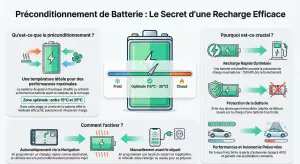 Infographie expliquant le préconditionnement de la batterie et la plage de température idéale avant recharge rapide