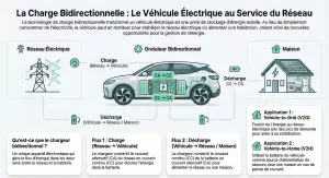 Infographie expliquant le fonctionnement de la charge bidirectionnelle et le flux d’électricité entre réseau, voiture électrique et maison.