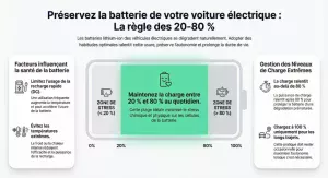 Infographie montrant la zone de charge optimale 20 à 80 % pour préserver la batterie d’une voiture électrique