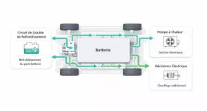 Schéma du système de gestion thermique et du préconditionnement de la batterie d’un véhicule électrique